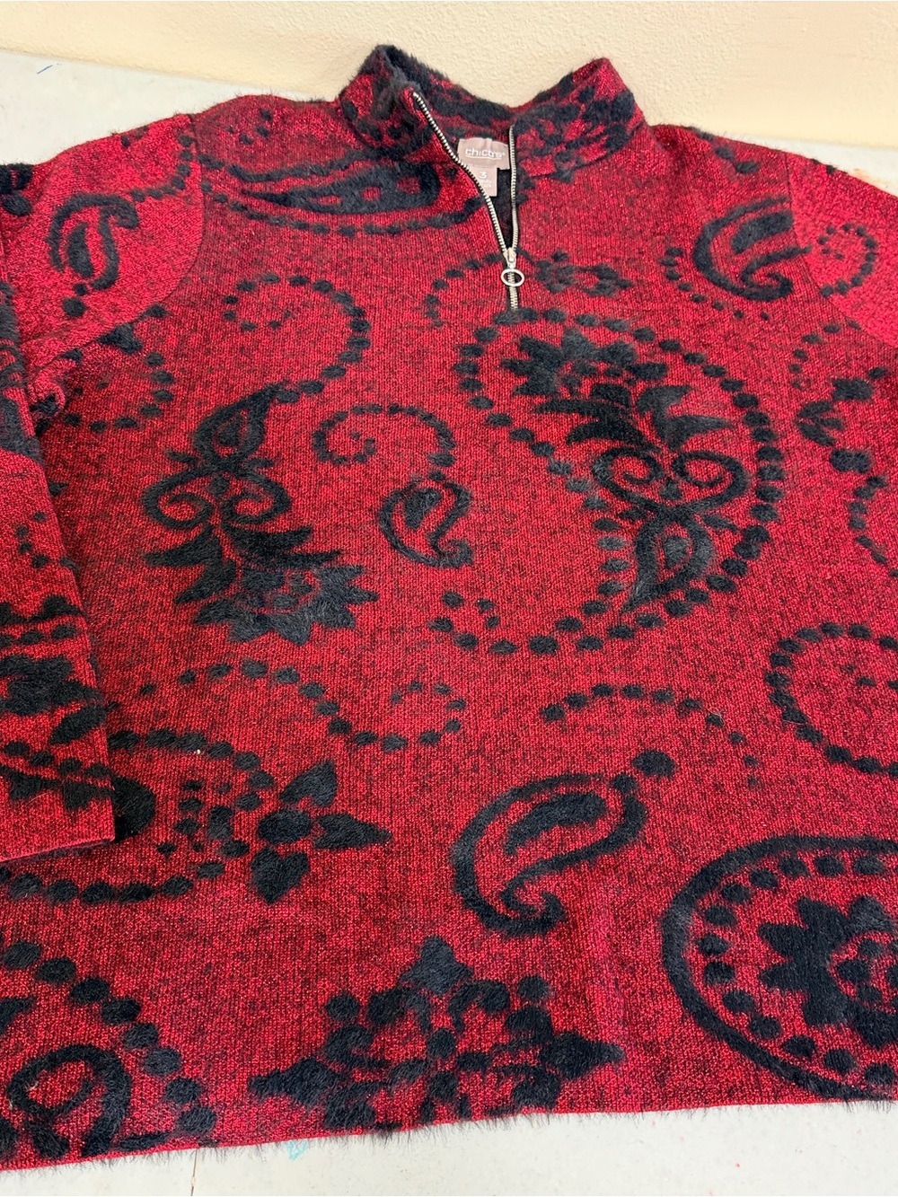 Chico's Red & Black Paisley Quarter-Zip Mock Neck Sweater CHICO’S 3, XL, 16